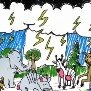 DALL·E 2023-02-04 15.49.46 – a zoo full of animals when a thunderstorm hits Dr. Seuss style drawings-compressed