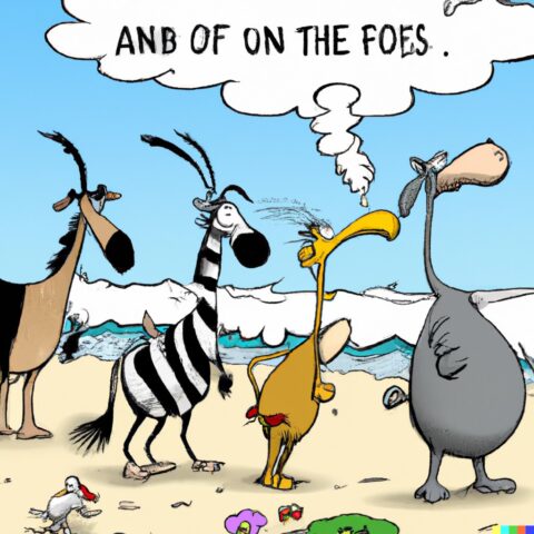 DALL·E 2023-02-04 15.51.43 – zoo animals followed their noses and eventually stumbled upon a beautiful beach Dr. Seuss style drawings-compressed