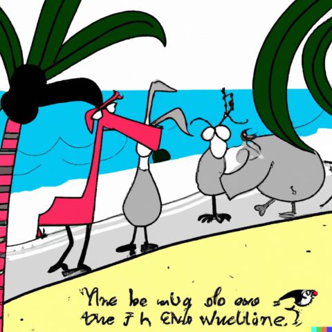 DALL·E 2023-02-04 15.52.16 – zoo animals followed their noses and eventually stumbled upon a beautiful beach Dr. Seuss style drawings-compressed