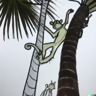 DALL·E 2023-02-04 15.55.33 – The monkeys scampered up the palm trees to get a better view of beach Dr. Seuss style drawings-compressed