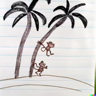 DALL·E 2023-02-04 15.55.49 – The monkeys scampered up the palm trees to get a better view of beach Dr. Seuss style drawings-compressed