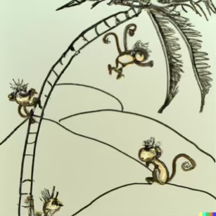 DALL·E 2023-02-04 15.56.02 – The monkeys scampered up the palm trees to get a better view of beach Dr. Seuss style drawings-compressed