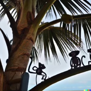 DALL·E 2023-02-04 15.56.31 – The monkeys scampered up the palm trees to get a better view of beach Dr. Seuss style drawings-compressed