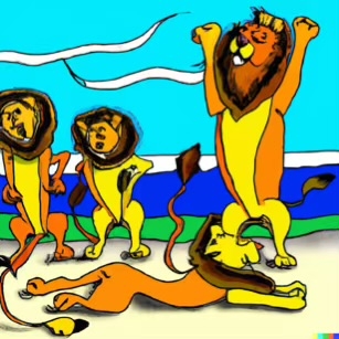 DALL·E 2023-02-04 15.58.25 – The lions took a big stretch on the warm sand on beach Dr. Seuss style drawings-compressed