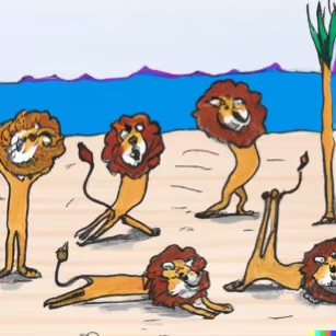 DALL·E 2023-02-04 15.58.36 – The lions took a big stretch on the warm sand on beach Dr. Seuss style drawings-compressed