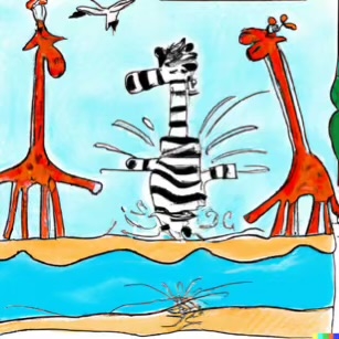 DALL·E 2023-02-04 16.00.04 – The giraffes waded into the cool water and the zebras splashed about on beach Dr. Seuss style drawings-compressed