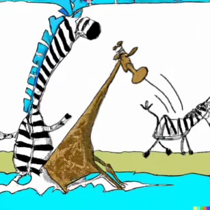 DALL·E 2023-02-04 16.00.17 – The giraffes waded into the cool water and the zebras splashed about on beach Dr. Seuss style drawings-compressed