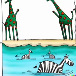 DALL·E 2023-02-04 16.00.32 – The giraffes waded into the cool water and the zebras splashed about on beach Dr. Seuss style drawings-compressed