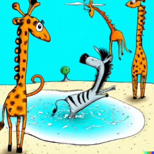 DALL·E 2023-02-04 16.00.48 – The giraffes waded into the cool water and the zebras splashed about on beach Dr. Seuss style drawings-compressed