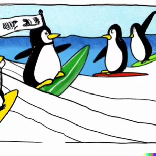 DALL·E 2023-02-04 16.01.51 – The penguins were the first to try surfing on beach Dr. Seuss style drawings-compressed