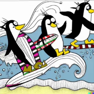 DALL·E 2023-02-04 16.02.07 – The penguins were the first to try surfing on beach Dr. Seuss style drawings-compressed