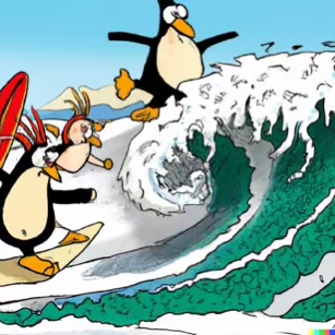 DALL·E 2023-02-04 16.02.32 – The penguins were the first to try surfing on beach Dr. Seuss style drawings-compressed