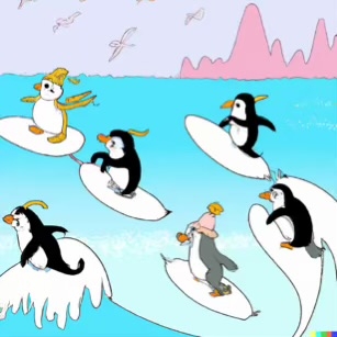 DALL·E 2023-02-04 16.04.59 – The penguins and dolphins surfing on beach Dr. Seuss style drawings-compressed