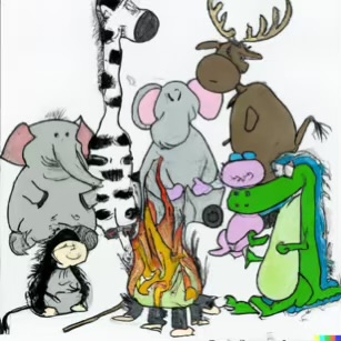 DALL·E 2023-02-04 16.11.53 – Zoo animals all gathered around a bonfire to roast marshmallows Dr. Seuss style drawings-compressed
