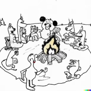 DALL·E 2023-02-04 16.12.10 – Zoo animals all gathered around a bonfire to roast marshmallows Dr. Seuss style drawings-compressed
