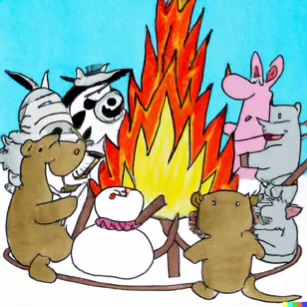 DALL·E 2023-02-04 16.12.19 – Zoo animals all gathered around a bonfire to roast marshmallows Dr. Seuss style drawings-compressed