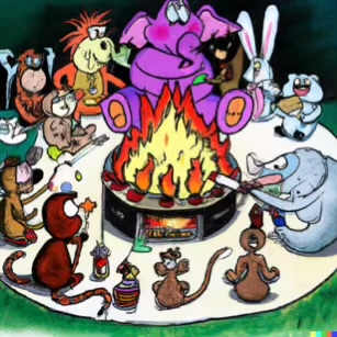 DALL·E 2023-02-04 16.12.45 – Zoo animals all gathered around a bonfire to roast marshmallows Dr. Seuss style drawings-compressed