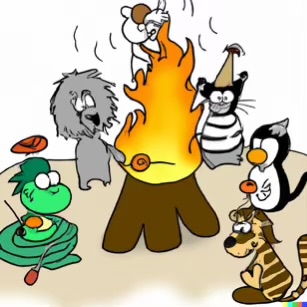 DALL·E 2023-02-04 16.13.21 – Zoo animals all gathered around a bonfire to roast marshmallows on the beach Dr. Seuss style drawings-compressed