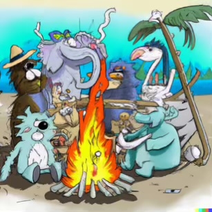 DALL·E 2023-02-04 16.13.34 – Zoo animals all gathered around a bonfire to roast marshmallows on the beach Dr. Seuss style drawings-compressed