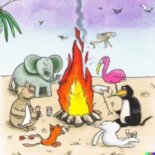DALL·E 2023-02-04 16.13.47 – Zoo animals all gathered around a bonfire to roast marshmallows on the beach Dr. Seuss style drawings-compressed