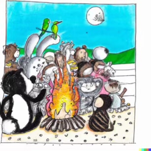 DALL·E 2023-02-04 16.13.59 – Zoo animals all gathered around a bonfire to roast marshmallows on the beach Dr. Seuss style drawings-compressed