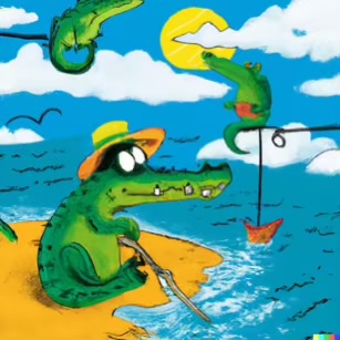 DALL·E 2023-03-07 17.50.15 – Crocodiles fishing on the beach with Dr. Seuss style-compressed